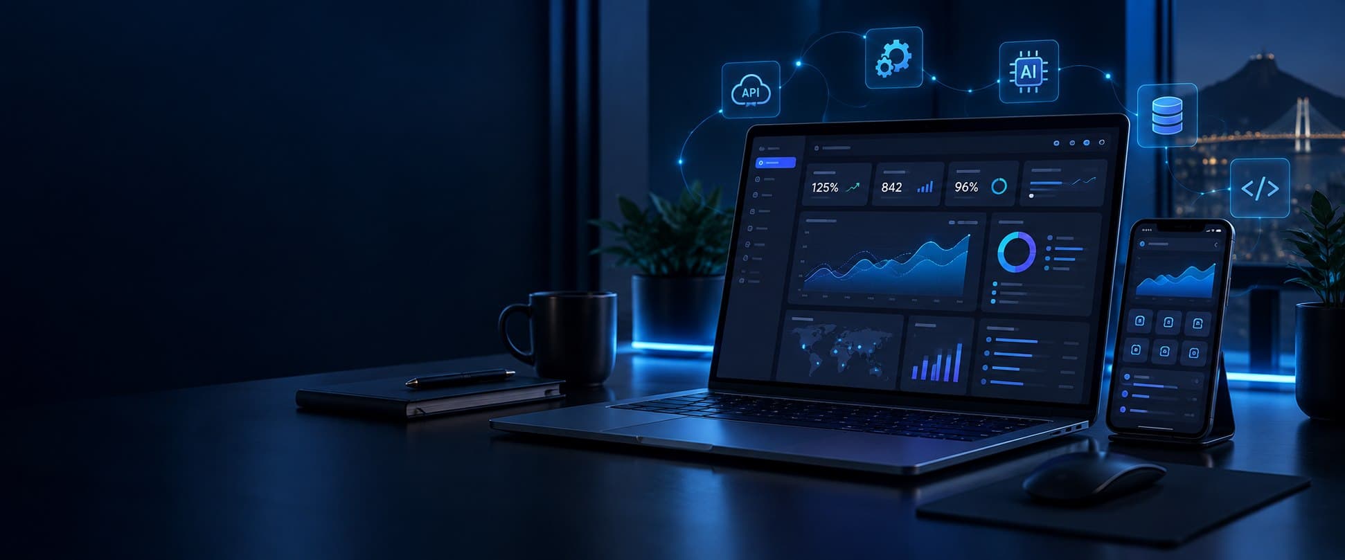 Notebook e smartphone exibindo um sistema profissional, aplicativo, automações e inteligência artificial